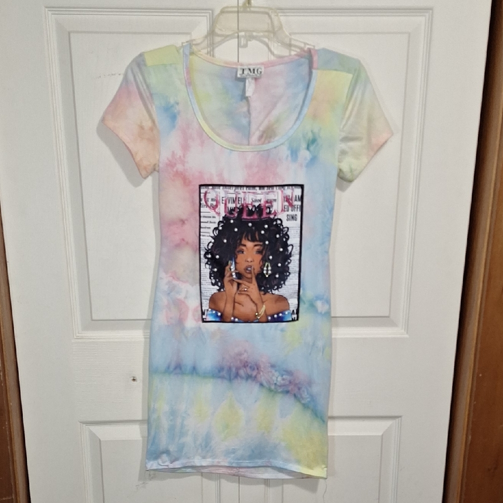 TMG Mini Pullover Crewneck T Shirt Dress - Pink Blue Tie Dye Queen Beads Baubles